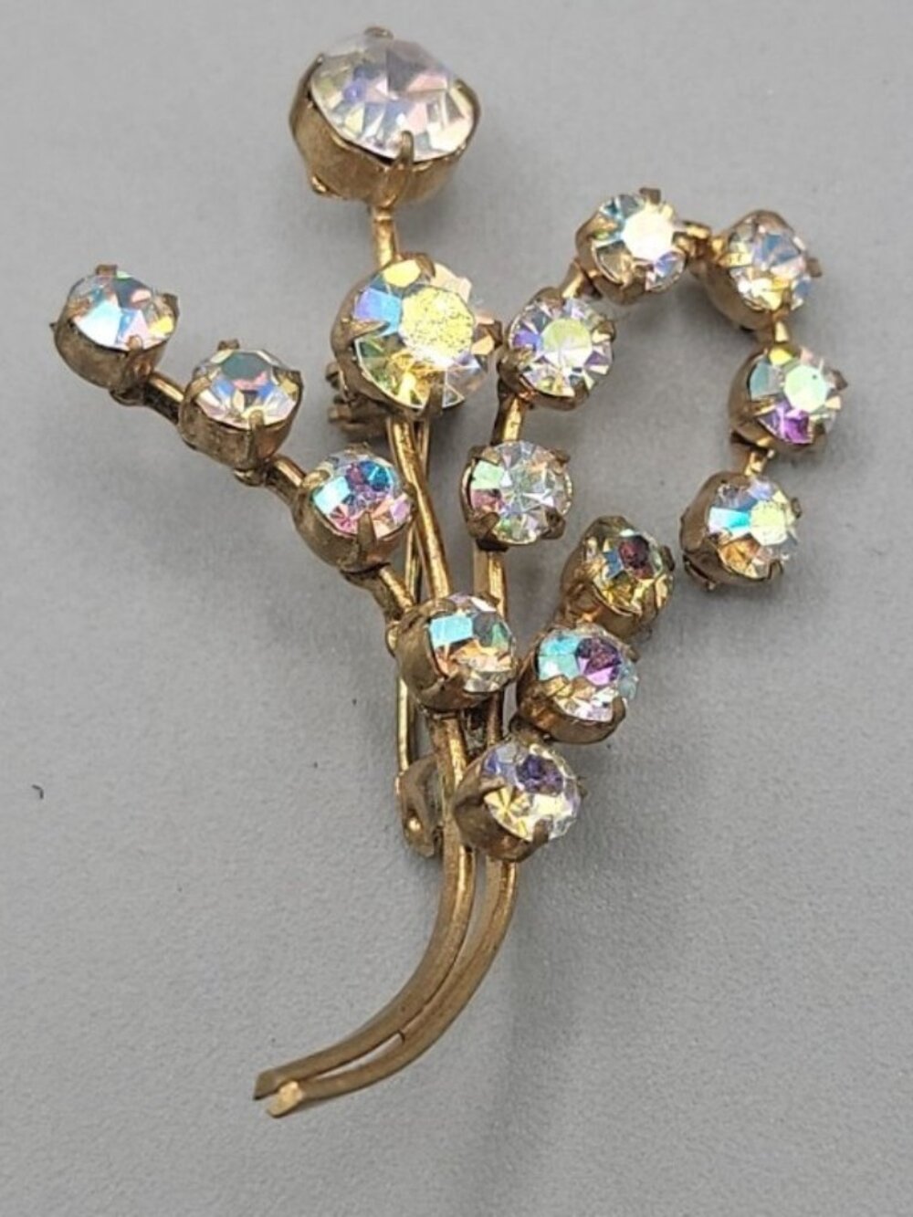 VTG 1950s Austria Aurora Borealis Rhinestone Flower Spray Brooch Pin Golf ton